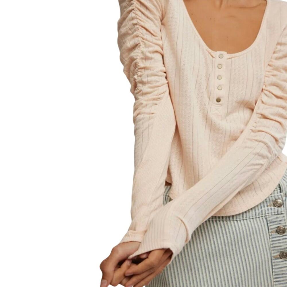 Free People XS Hope‎ Henley Pointelle Jersey Shirt Ruched Long Sleeve Peach/Pink